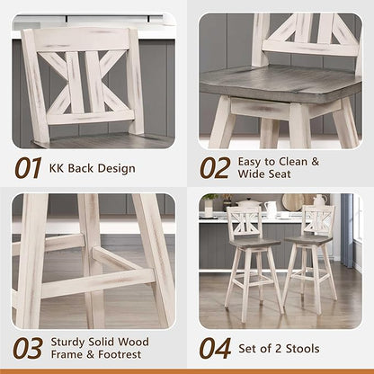 Lexicon Bar Height Bar Stools Set of 2-Solid Wood Frame 360° Swivel Wooden Stools, Foot Rest, KK Back, Wide Seat, Distressed Farmhouse Easy to Clean Finish, 28.5" SH, Antique White/Grey