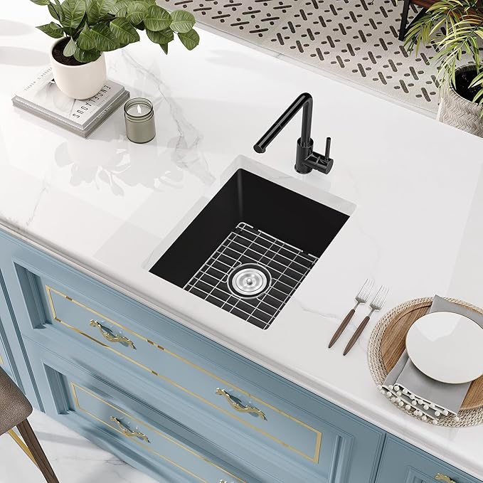 Rhbamoa Black Bar Sink 18 Inch,Undermount Matte Black Granite Composite Sink,Small Wet Bar Sinks 18''x14'',Small Single Bowl Quartz Kitchen Sinks with Accessories