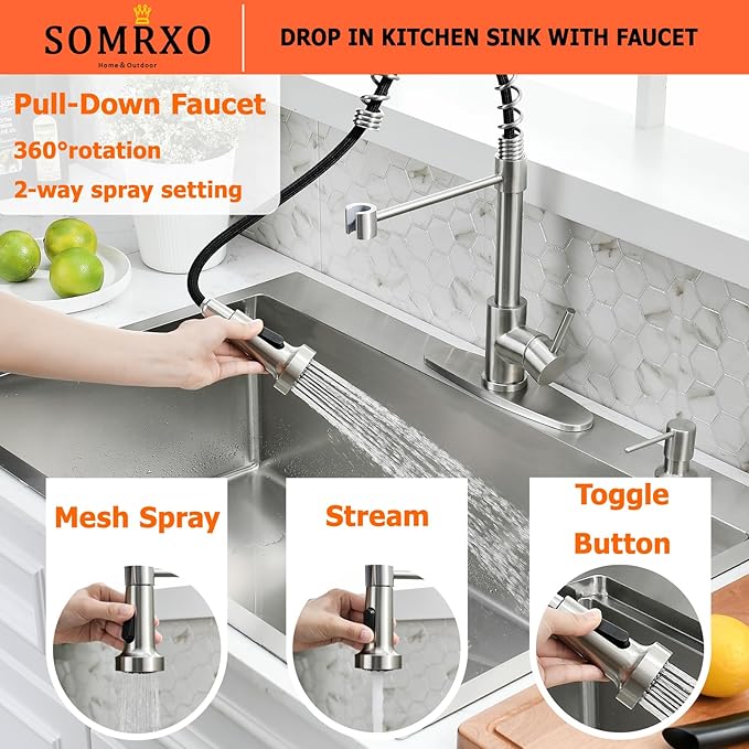 33×22 Drop In Kitchen Sink with Faucet Combo - Stainless Steel Kitchen Sink Drop In with Cup Washer, 9 Inch Deep Single Bowl Kitchen Sinks and Faucets Combo Set