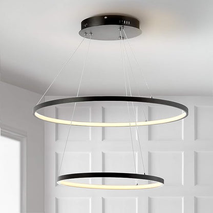 JONATHAN Y 24" Matte Black Modern Integrated LED Pendant Light, Dimmable Round Hoop Chandelier for Kitchen Island, Dining Room, Adjustable Height Metal Hanging Light (JYL7204A)