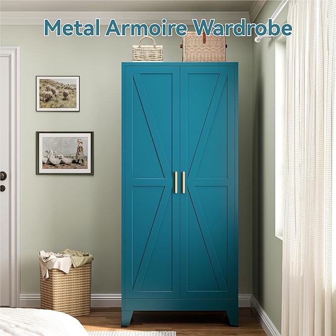 Metal Combination Cabinet, Utility Storage Cabinet with 4 Shelves, Farmhouse Pantry Closet with Doors, 71" Tall Storage Cabinets with Hanging Rod and Clothing Shelf for Hallway Laundry Mudroom