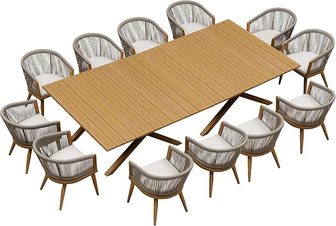PURPLE LEAF Patio Dining Set for 12 All-Weather Wicker Woodgrain Aluminum 14 Piece Outdoor Large Table and Chairs Set Included Cushions for Backyard Kitchen Modern Outdoor Furniture Set Teak Color