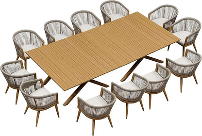 PURPLE LEAF Patio Dining Set for 12 All-Weather Wicker Woodgrain Aluminum 14 Piece Outdoor Large Table and Chairs Set Included Cushions for Backyard Kitchen Modern Outdoor Furniture Set Teak Color