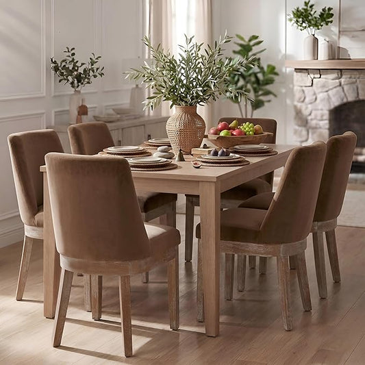 HNY Modern Dining Chairs Set of 6 with Comfortable Back Support, Farmhouse Soft Velvet Upholstered Kitchen Dining Room Chairs with Solid Wood Legs, Armless Accent Side Chairs for Living Room, Khaki