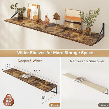 Acovy Deep Floating Shelves Wall Mounted, 55"x12" Brown Wood Shelves with Brackets Set of 2 for Bedroom, Living Room, Bathroom, Kitchen, Office - Storage & Display Shelf for Decor, Books, Plants