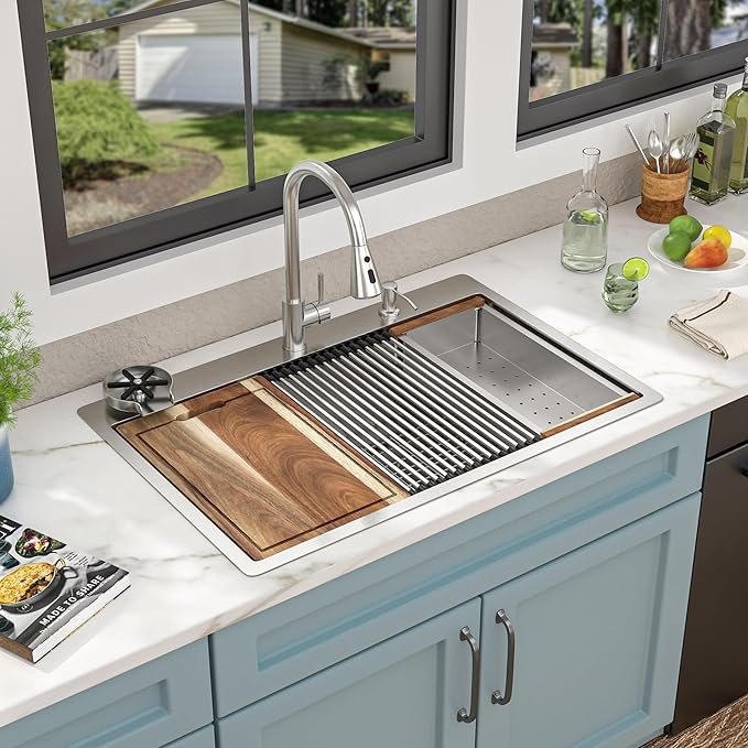 33"x22" Drop In Kitchen Sink Ledge Workstation – 16 Gauge 304 Stainless Steel, Single Bowl Overmount Top Mount Sink Basin with Faucet Combo & Glass Rinser