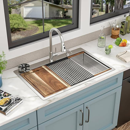 33"x22" Drop In Kitchen Sink Ledge Workstation – 16 Gauge 304 Stainless Steel, Single Bowl Overmount Top Mount Sink Basin with Faucet Combo & Glass Rinser