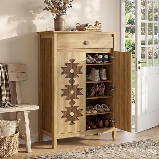 5-Tier Shoe Cabinet with Drawers, Wooden Shoe Storage Cabinet with Adjustable Shelves,Simple Tribal Style Freestanding Walnut Shoe Cabinet Suitable for Entrance,Corridor,Cloakroom,Natural