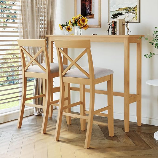 LUMISOL 3 Piece Pub Table and Chair Set, Small Wood Counter Height Bar Table Set for 2, Breakfast Nook Table Set, 3 Piece High Top Dining Table for Kitchen, Natural