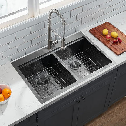 33x22 Double Bowl Kitchen Sink 33 Inch Black, Stainless Steel Drop in Double Basin Kitchen Sink, Topmonut 50/50 Kitchen Sinks Workstation Sink with Accessories