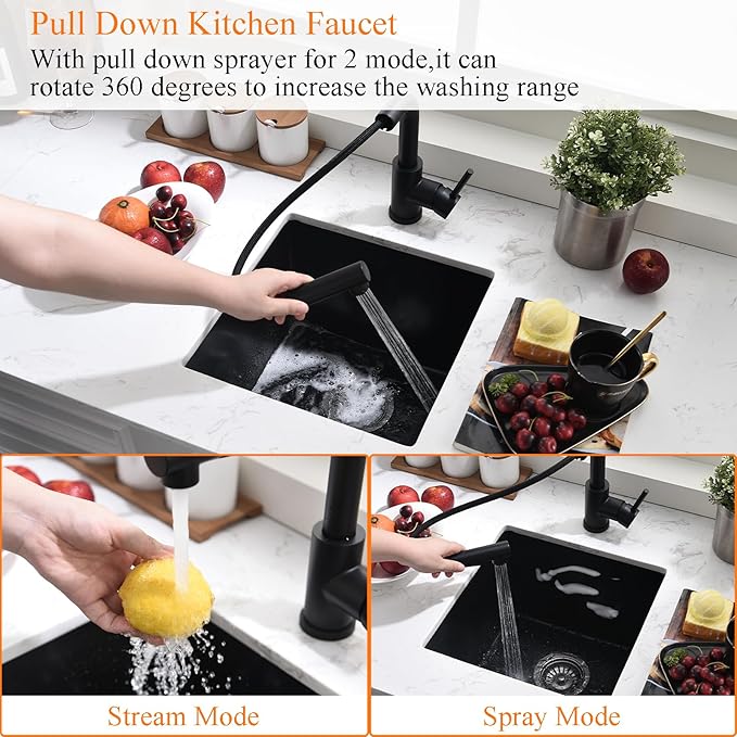 Black Bar Sink Undermount,16x16 Inch Small Wet Bar Sink Granite Composite Single Bowl Quartz Outdoor Rv Sink for Home Kitchen, Sink with Faucet Combo
