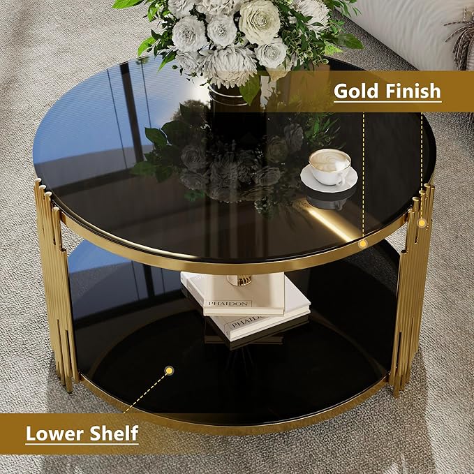 Modern Black Mirror Coffee Table, Asymmetrical Metal, Circular Metal Drum Base, Gold Finish & Lower Shelf