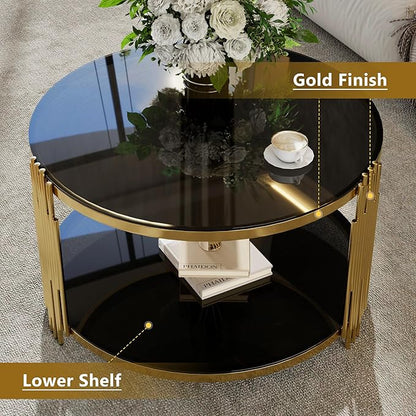 Modern Black Mirror Coffee Table, Asymmetrical Metal, Circular Metal Drum Base, Gold Finish & Lower Shelf