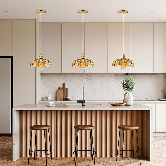 Pendant Light Fixture, Hanging Light Fixture, Glass Shade Pendant Light with Rotary Switch, Modern Lamp for Kitchen Island, Bedroom, Dining Room, Living Room (Amber Lotus, Hard-Wired)