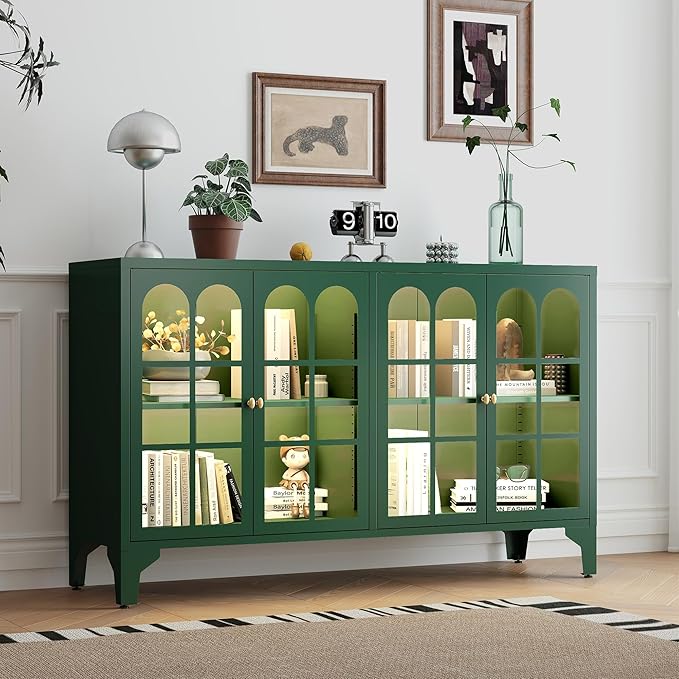 Foreate Sideboard Buffet Cabinet with Glass Door & LED Light, 53.2" Large Buffet Cabinet with Storage & Adjustable Shelf, Farmhouse Sideboard Credenzas Metal Kitchen Buffet, Green