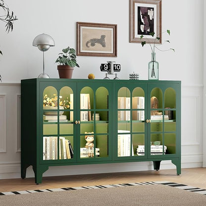 Foreate Sideboard Buffet Cabinet with Glass Door & LED Light, 53.2" Large Buffet Cabinet with Storage & Adjustable Shelf, Farmhouse Sideboard Credenzas Metal Kitchen Buffet, Green