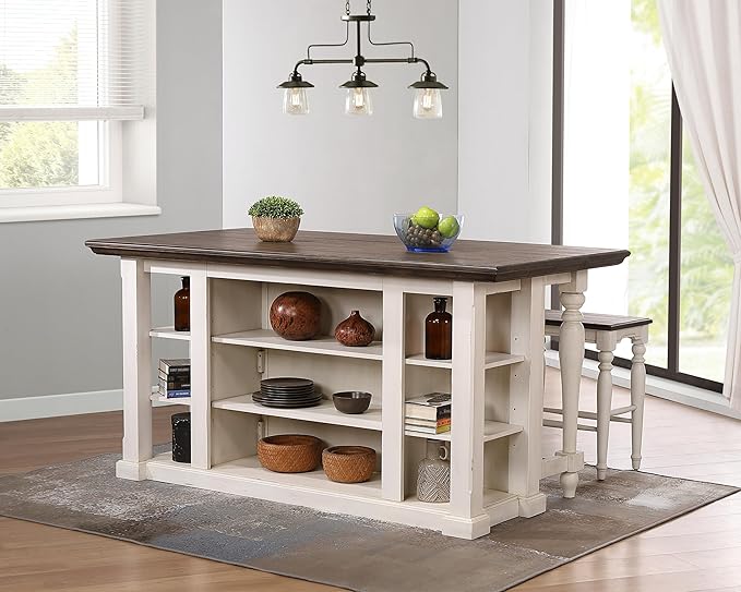 Sunset Trading French Chic w 2 Backless Stools 3PC Fully Assembled 71" Dropleaf Kitchen Island Set, Distressed Antique White and Walnut Brown