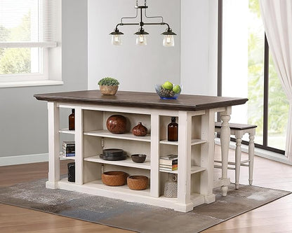 Sunset Trading French Chic w 2 Backless Stools 3PC Fully Assembled 71" Dropleaf Kitchen Island Set, Distressed Antique White and Walnut Brown