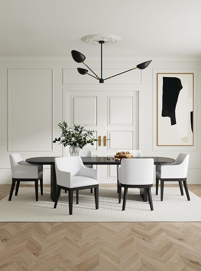 Manhattan Comfort Gansevoort Modern Faux Leather Dining Chair with Arms, Leatherette Upholstery on Solid Beech Wood Frame, Accent Furniture for Kitchen Table or Office, Set of 1, Cream