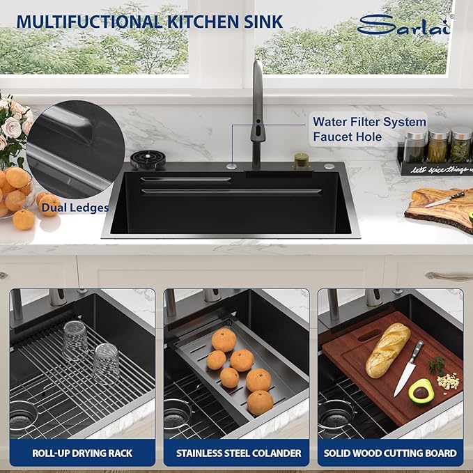 Sarlai black Waterfall Kitchen Sink - 28x22 Black Waterfall Drop In Workstation Sink Stainless Steel 16 Gauge Sinks Multifunction Single Bowl Smart Top Mount Kitchen Sinks with Faucet Combo