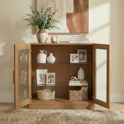 Casaphoria Adam Sideboard Buffet Cabinet with Storage, Display Cabinet with Glass Doors & Adjustable Shelves, 31" W x 31" H Buffet Cabinet for Entryway Kitchen Living Room, Oak