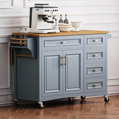 Kitchen Island with Drop Leaf, Embossed Texture Kitchen Island on Wheels with Spice Rack,Towel Rack, 2 Doors and 5 Drawers, Kitchen Storage Cart with Adjustable Shelf for Kitchen (Blue+Grey@093)
