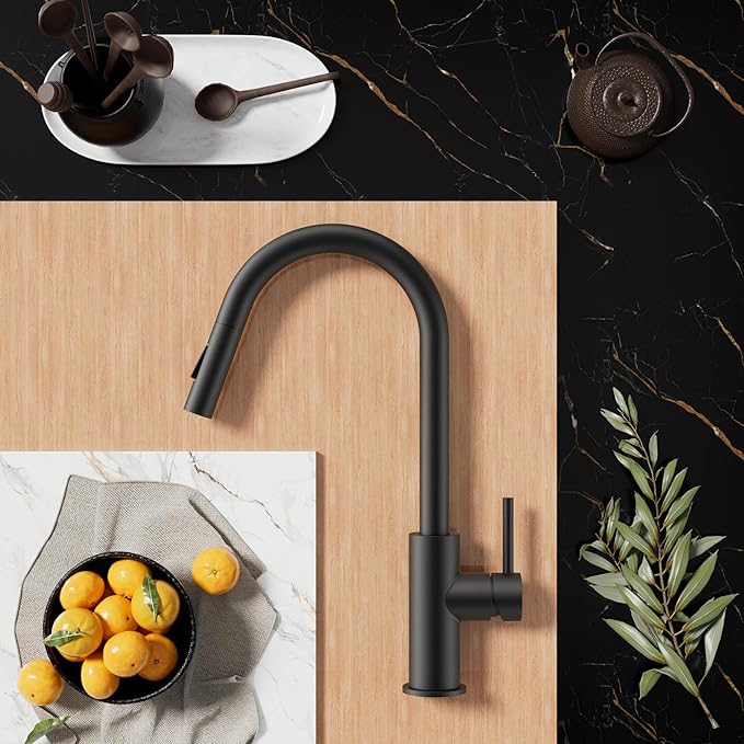 FORIOUS Black Kitchen Faucet with Pull Down Sprayer,Stainless Steel High Arc Gooseneck Modern Sink Faucet with CUPC Ceramic Cartridge, Single Handle Stainless Steel and Deck Plate