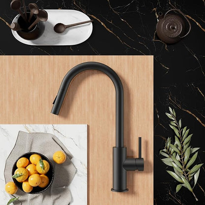 FORIOUS Black Kitchen Faucet with Pull Down Sprayer,Stainless Steel High Arc Gooseneck Modern Sink Faucet with CUPC Ceramic Cartridge, Single Handle Stainless Steel and Deck Plate