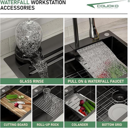33 Inch Black Waterfall Kitchen Sink Drop In Smart Workstation Kitchen Sink 33X19 Inch 16 Guage Stainless Steel Single Bowl Multifunctional Sinks and Waterfall Faucet Combo Set with Cup Washer