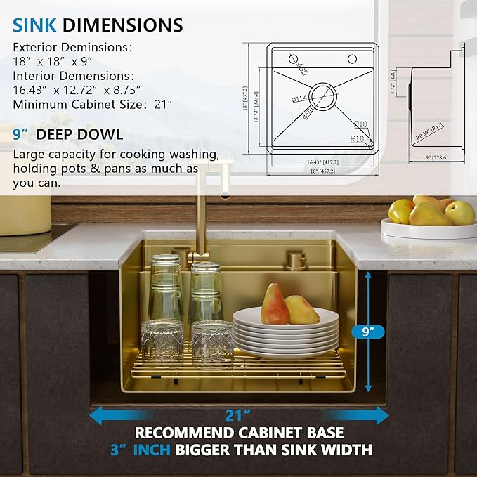 18"x18" Undermount RV Kitchen Sink Workstation – 16 Gauge 304 Stainless Steel Brushed Gold NANO-PVD Single Bowl Sink with Foldable Faucet, for RV, Camper, Mobile Home, Wet Bar