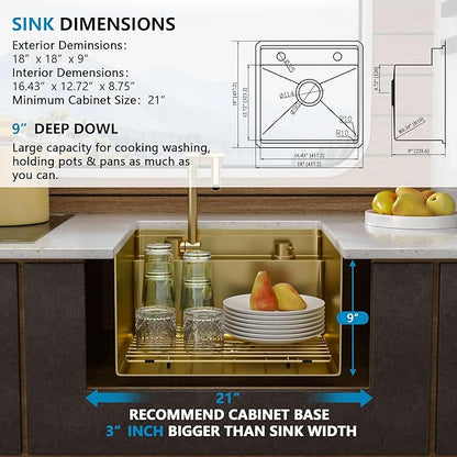 18"x18" Undermount RV Kitchen Sink Workstation – 16 Gauge 304 Stainless Steel Brushed Gold NANO-PVD Single Bowl Sink with Foldable Faucet, for RV, Camper, Mobile Home, Wet Bar