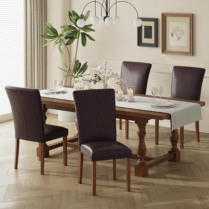 COLAMY Upholstered Parsons Dining Chairs Set of 4, PU Leather Dining Room Kitchen Side Chair with Nailhead Trim and Wood Legs - Dark Brown