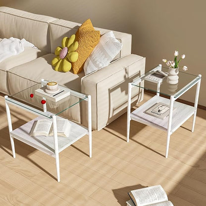 Set of 2 Glass End Table, 2-Layer Glass Living Room Table, Modern Tea Table Side Tables for Home Office Furniture