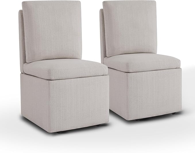 KISLOT Upholstered Dining Chairs with Casters, Modern Dining Room Chairs Set of 2 with Hidden Storage & 4 Wheels, Single Sofa Chair for Kitchen, Reading Room, Waiting Room, Linen