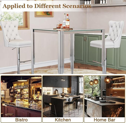 Glass Square Bar Table for 4, 37" Modern High Pub Table with Clear Tempered Glass Top and Polished Silver Stainless Steel Legs, Counter Height Table for Kitchens, Apartments, and Small Spaces