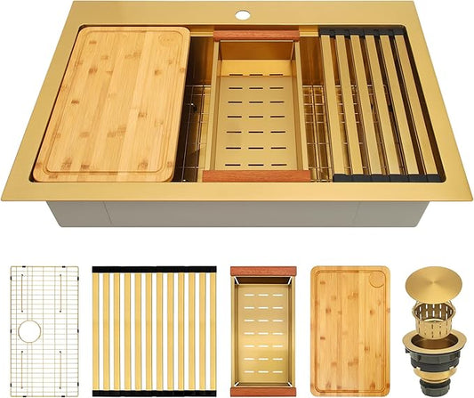 33x22 Inch Gold Drop In Kitchen Sink, 16 Gauge 304 Stainless Steel Sink, Topmount Workstation Kitchen Sink Single Bowl, Large Deep Gold Sink with Ledge & Full Accessories
