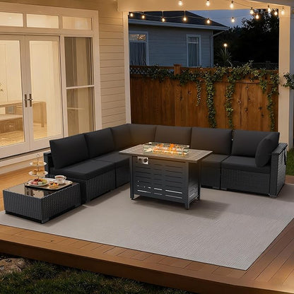 LOUVIXA 8 Piece Outdoor Patio Furniture Set, Outdoor Sectional Sofa with Firepit Table, Wicker Rattan Patio Furniture, Patio Conversation Set with Coffee Table & Cushions