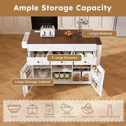 74.8" Kitchen Island with Extendable Dining Table & Power Outlet - Rolling Storage Cart on Wheels with 3 Drawers & 2 Door Cabinet for Dining Room