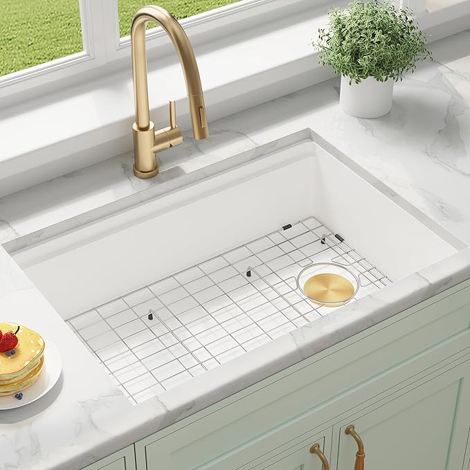 MILOSEN White Undermount Kitchen Sink, 30×18 Inch Workstation Ledge Under Counter Single Bowl Basin with Offset Drain, Granite Composite Quartz Material, Large Deep Sinks With Accessories