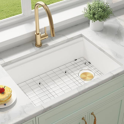 MILOSEN White Undermount Kitchen Sink, 30×18 Inch Workstation Ledge Under Counter Single Bowl Basin with Offset Drain, Granite Composite Quartz Material, Large Deep Sinks With Accessories