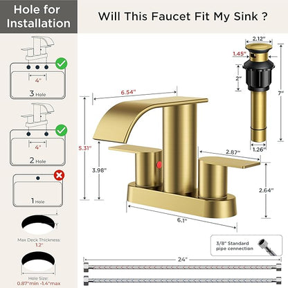 FORIOUS Brushed Gold Bathroom Sink Faucet, Waterfall 4 Inch Centerset Bathroom Faucets with Metal Pop up Drain and cUPC Hose for Basin, Vanity, RV, Lavatory 2 or 3 Hole Sink