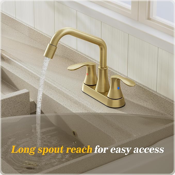 Phiestina Gold Utility Sink Faucet 3 Hole, Laundry Sink Faucet with Pull Out Sprayer, Long Spout Dual Handle Modern Bathroom Faucet, 4 Inch CenterSet Laundry & Utility Room Sink Faucets, LF36CL-2M-BG