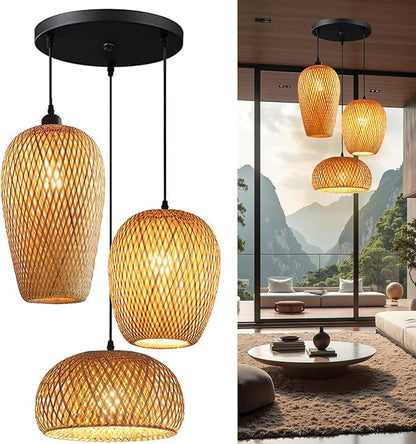 Bamboo Pendant Lights, 3 Headlights E26 E27 Retro Rustic Bamboo Wicker Rattan Woved Chandelier Lamp Shade Light Fixture Ceiling Hanging Light for Bedroom Restaurant Cafe Farmhouse Teahouse Bar Club