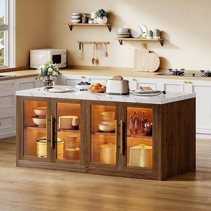 Kitchen Island with Storage, 55" W Large Island Table with LED Light for Dining Room, Kitchen Carts on Wheels Breakfast Bar Table w/Power Outlet, Walnut