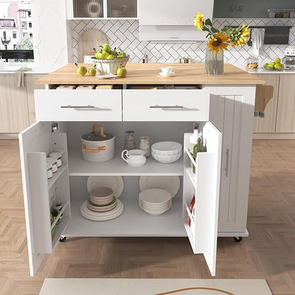 Modern Dining Table Expandable with and Drop - Kitchen Island Cart with 3-Tier Pull Out Organizer, Shelves, Rolling Wheels, Wood Countertop, Easy Clean Surface,White-Wood