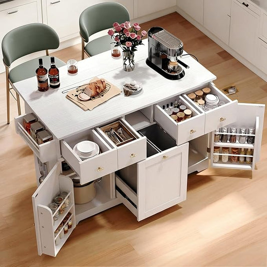 YITAHOME 59" Rolling Kitchen Island with Drop Leaf & Power Outlet, Double Pull-Out Kitchen Trash Can, Fits 10-Gal Waste Bin, Portable Islands on Wheels with Door Storage & Spice Rack, White