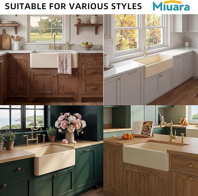 Miuara Bone Farmhouse Sink 33 Inch - Apron Front Kitchen Sink Reversible 33x18x10, Undermount Installation, Farm House Style Single Bowl, Heavy Duty Solid Fireclay, Bone Color, for Kitchen