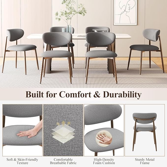 MALOL Upholstered Dining Room Chairs Set of 6, Kitchen Chairs with Metal Legs and Anti Slip Pads, Curved Back Dining Chair for Home and Restaurant Use, Light Grey