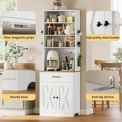 IRONCK Bakers Rack Microwave Stand with Customizable Pegboard and Storage, 71" Farmhouse Coffee Bar Cabinet with Drawer, Barn Doors, Adjustable Shelves for Kitchen, Dining Room, 23.6" White