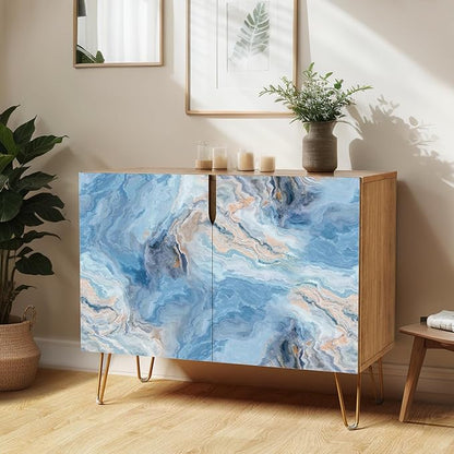 SIGNWIN Sideboard Buffet Cabinet, Kitchen Storage Cabinet with 2 Doors, Blue & Gray Marble Granite Pattern, Cupboard Console Table for Dining Room - 35" L x 18" W x 29" H